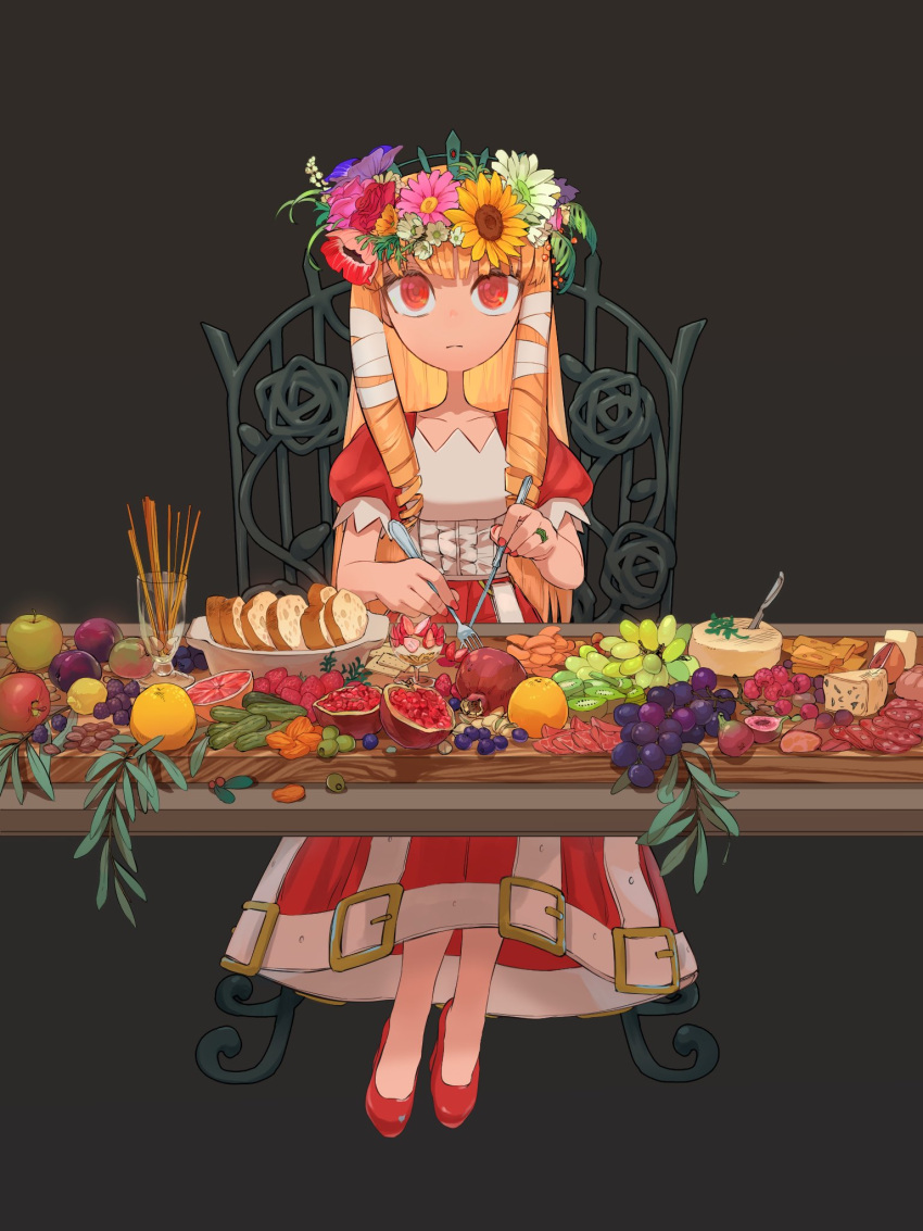 1girl amayadori-tei blonde_hair boku_to_maou bread chair cheese closed_mouth dress flower food fork fruit full_body grapes hair_flower hair_ornament highres long_hair looking_at_viewer nail_polish pickle princess_marlene puffy_sleeves red_eyes red_footwear simple_background sitting solo table