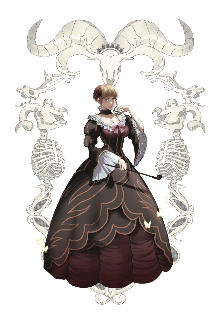 1girl absurdres animal_skeleton animal_skull beatrice_(umineko) black_choker blonde_hair blue_eyes bow bowtie breasts brown_dress choker cleavage colored_eyelashes commentary_request dress flower frilled_choker frilled_dress frilled_sleeves frills full_body gown hair_flower hair_ornament hand_in_own_hair hand_up highres holding holding_smoking_pipe korean_commentary looking_at_viewer parted_lips pink_bow pink_bowtie puffy_sleeves red_flower red_rose rose short_hair sidelocks simple_background smile smoking_pipe solo standing tachi-e umineko_no_naku_koro_ni wefightasone_1 white_background wide_sleeves