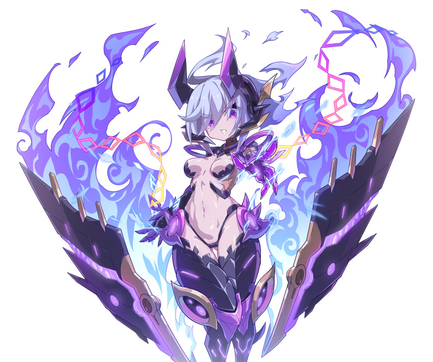 1girl absurdres alternate_form azure_striker_gunvolt black_headwear fiery_hair fingernails fire gd._fengzi gunvolt_chronicles_luminous_avenger_ix headgear highleg highleg_panties highres horns idol long_fingernails navel panties purple_eyes purple_fire purple_hair revealing_clothes ringed_eyes roro_(gunvolt) solo underwear