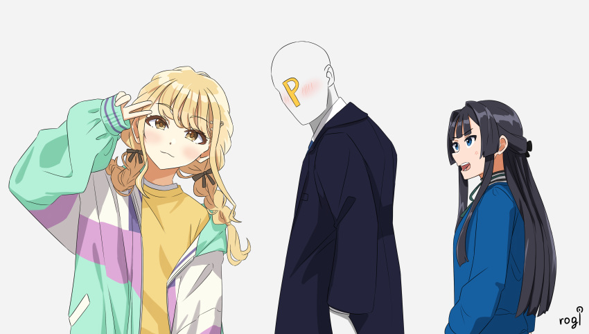 1boy 2girls absurdres anger_vein artist_name black_hair blonde_hair blush braid distracted_boyfriend_(meme) fujita_kotone gakuen_idolmaster hair_ribbon hashtag_only_commentary head_tilt highres idolmaster idolmaster_million_live! in-franchise_crossover jacket looking_at_another looking_back meme mogami_shizuka multicolored_clothes multicolored_jacket multiple_girls producer_(idolmaster) ribbon rogi0615 shirt simple_background twin_braids upper_body v white_background yellow_shirt