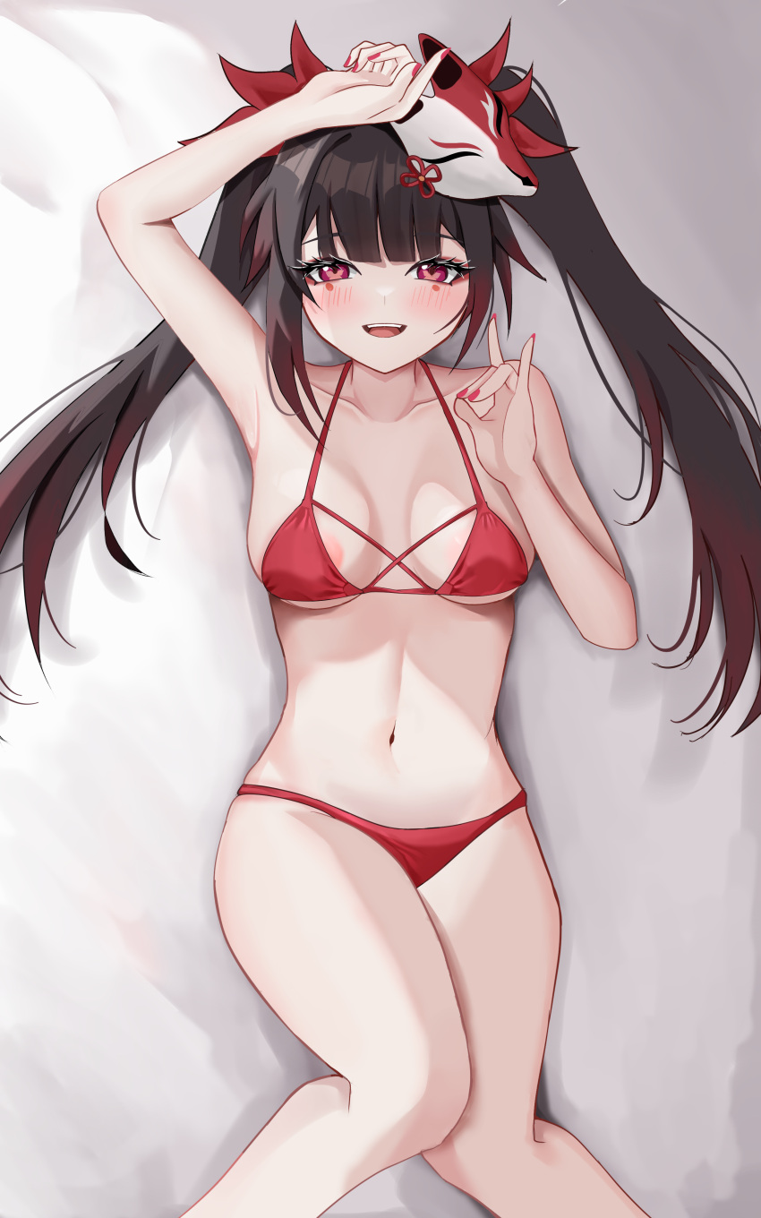 1girl :d absurdres areola_slip arm_up bare_arms bare_legs bare_shoulders bed_sheet bikini black_hair blush commentary_request facial_mark feet_out_of_frame fiftya fox_mask halterneck hand_up highres honkai:_star_rail honkai_(series) long_hair looking_at_viewer lying mask mask_on_head nail_polish open_mouth red_bikini red_eyes red_nails smile solo sparkle_(honkai:_star_rail) swimsuit thighs very_long_hair