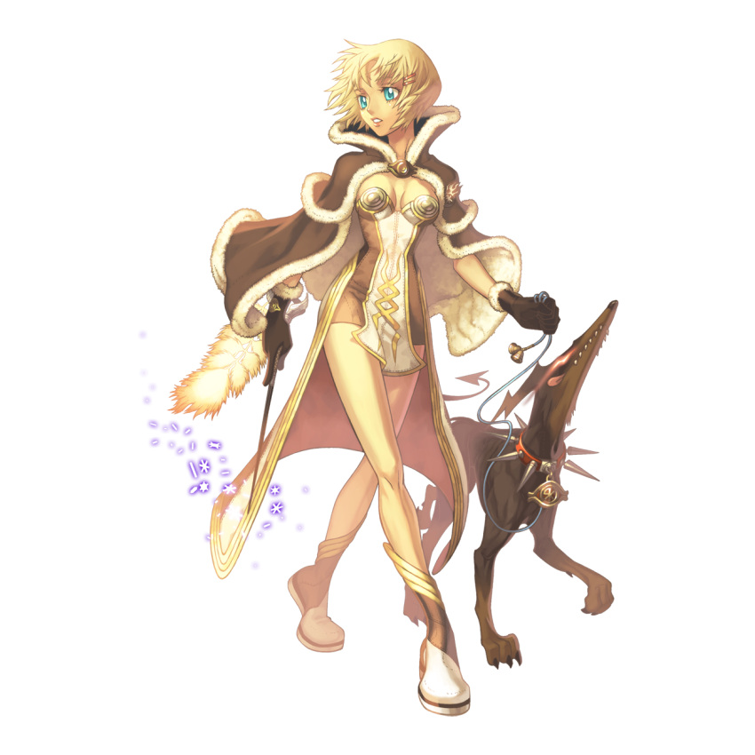1girl 2000s_(style) blonde_hair blue_eyes boots breasts brown_cape brown_dress brown_footwear brown_gloves cape collar dog dress full_body fur-trimmed_cape fur-trimmed_gloves fur_trim gloves hair_ornament hairclip high_wizard_(ragnarok_online) highres holding holding_leash holding_wand layered_dress leash looking_afar matyr_(ragnarok_online) medium_bangs medium_breasts myung-jin_lee official_art ragnarok_online short_dress short_hair simple_background solo spiked_collar spikes strapless strapless_dress tachi-e transparent_background two-tone_dress two-tone_footwear walking wand white_dress white_footwear
