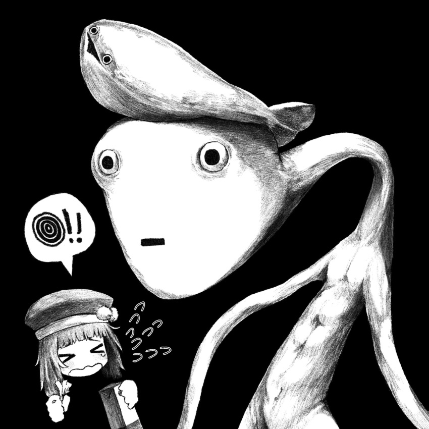 ! !! &gt;_&lt; 1girl :| beret black_background blunt_bangs cashier_(milk_series) closed_mouth empty_eyes fish fish_on_head flying_sweatdrops from_side greyscale hat highres holding holding_carton holding_tissue horror_(theme) kilsturgeon long_arms long_neck medium_hair milk-chan_(milk_series) milk_carton milk_inside_a_bag_of_milk_inside_a_bag_of_milk monochrome monster navel open_mouth sacabambaspis shadow short_bangs simple_background speech_bubble spoken_exclamation_mark tears triangle_mouth wavy_hair