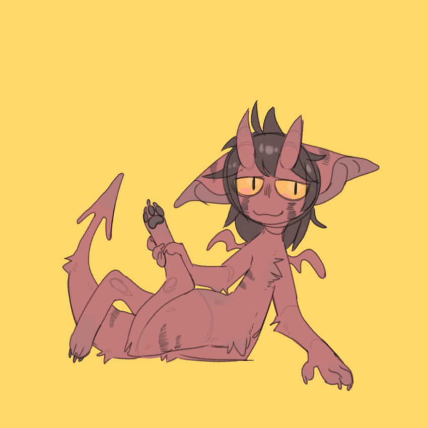 1:1 ambiguous_gender anthro demon feet fluffy fur hair hi_res horn hybrid imp membrane_(anatomy) membranous_wings nude orange_eyes pawpads red_body red_fur simple_background solo tagme timuuy wings yellow_eyes
