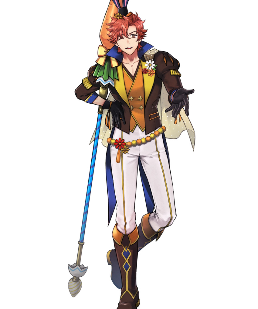 1boy animal_hat black_gloves boots brown_footwear cape fire_emblem fire_emblem:_three_houses fire_emblem_heroes gloves hat highres looking_at_viewer non-web_source official_alternate_costume official_art one_eye_closed pants parted_lips polearm rabbit_hat red_eyes red_hair smile solo sylvain_jose_gautier sylvain_jose_gautier_(spring) tachi-e weapon white_pants