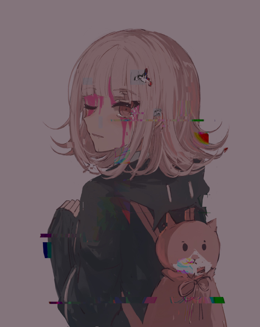 1girl absurdres animal_bag backpack bag black_jacket blood blood_from_eyes blood_on_face blunt_bangs cat_bag closed_mouth danganronpa_(series) danganronpa_2:_goodbye_despair fu_ga_(vivi912912) glitch highres hood hood_down hooded_jacket jacket long_sleeves looking_at_viewer looking_back medium_hair nanami_chiaki pink_bag pink_blood pink_eyes simple_background solo spaceship_hair_ornament white_background