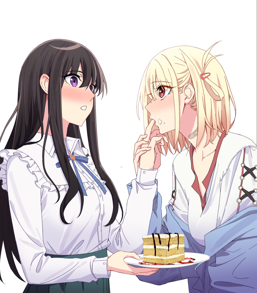 2girls absurdres bandaid bandaid_on_neck black_hair black_skirt blonde_hair blue_jacket blue_ribbon blush bob_cut breasts brooch cake chinese_commentary collarbone english_commentary finger_in_another's_mouth food food_on_face hair_between_eyes hair_ornament hairclip heart heart_brooch highres inoue_takina jacket jewelry jovei large_breasts long_hair long_sleeves looking_at_another lycoris_recoil medium_breasts mixed-language_commentary multiple_girls neck_ribbon nishikigi_chisato off_shoulder one_side_up open_mouth pleated_skirt purple_eyes red_eyes ribbon shirt sidelocks simple_background skirt upper_body white_background white_shirt yuri