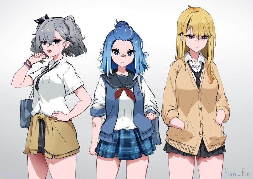 3girls black_hair blonde_hair blue_eyes blue_hair breasts cowboy_shot english_commentary fian_f.n grey_hair hair_between_eyes hair_over_eyes hands_in_pockets hololive hololive_indonesia kaela_kovalskia kobo_kanaeru loose_necktie medium_breasts medium_hair miniskirt multiple_girls neckerchief necktie plaid plaid_skirt pleated_skirt ponytail sailor_collar school_uniform simple_background skirt straight_hair two_side_up vestia_zeta white_background