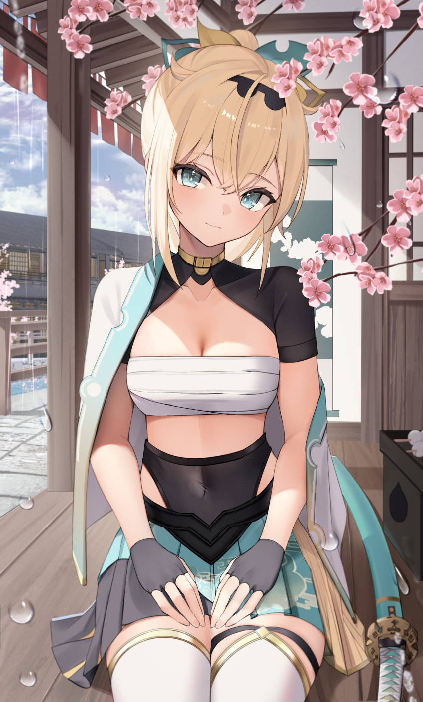 1girl absurdres aqua_eyes blonde_hair blue_eyes breasts cherry_blossoms chest_sarashi covered_navel fingerless_gloves gloves hair_between_eyes hair_ornament hairband hands_on_own_thighs head_tilt high_collar highres hololive japanese_clothes katana kazama_iroha looking_at_viewer medium_breasts ponytail rain sarashi shrug_(clothing) sitting skirt solo sword thighhighs thomas_8000 virtual_youtuber weapon