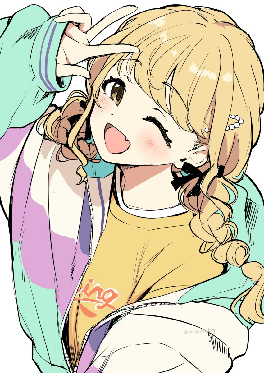 1girl ;d blonde_hair blush braid commentary_request fang fujita_kotone gakuen_idolmaster hair_ribbon highres jacket kirikirimai_(kkm) multicolored_clothes multicolored_jacket one_eye_closed ribbon shirt simple_background smile solo twin_braids upper_body w white_background yellow_shirt