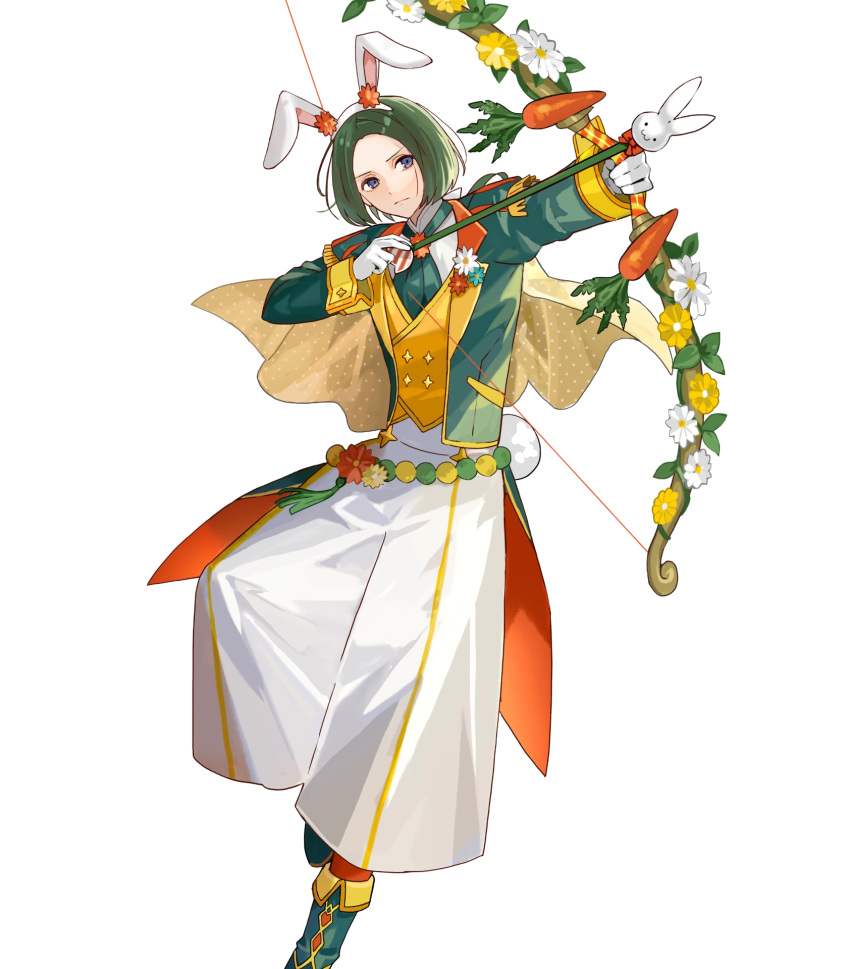 1boy animal_ears arrow_(projectile) attack bow_(weapon) drawing_bow fake_animal_ears fire_emblem fire_emblem:_three_houses fire_emblem_heroes gloves green_footwear green_hair hair_tie highres holding holding_bow_(weapon) holding_weapon linhardt_von_hevring linhardt_von_hevring_(spring) long_hair non-web_source ponytail rabbit_ears solo weapon white_gloves