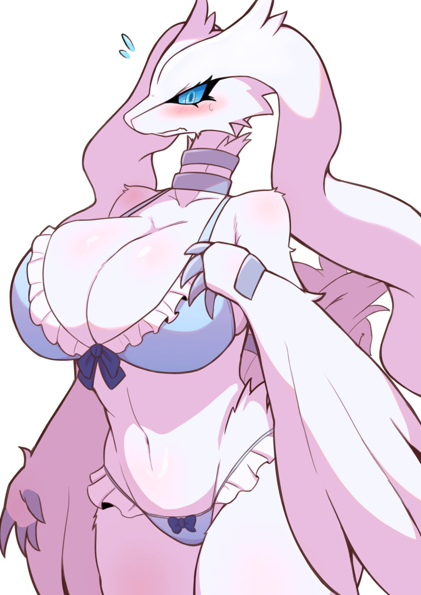 anthro big_breasts blue_eyes blush breasts clothed clothing dragon female fur generation_5_pokemon hi_res legendary_pokemon looking_at_viewer mythological_creature mythological_scalie mythology nintendo pokemon pokemon_(species) reshiram scalie sigruku simple_background solo white_background white_body white_fur