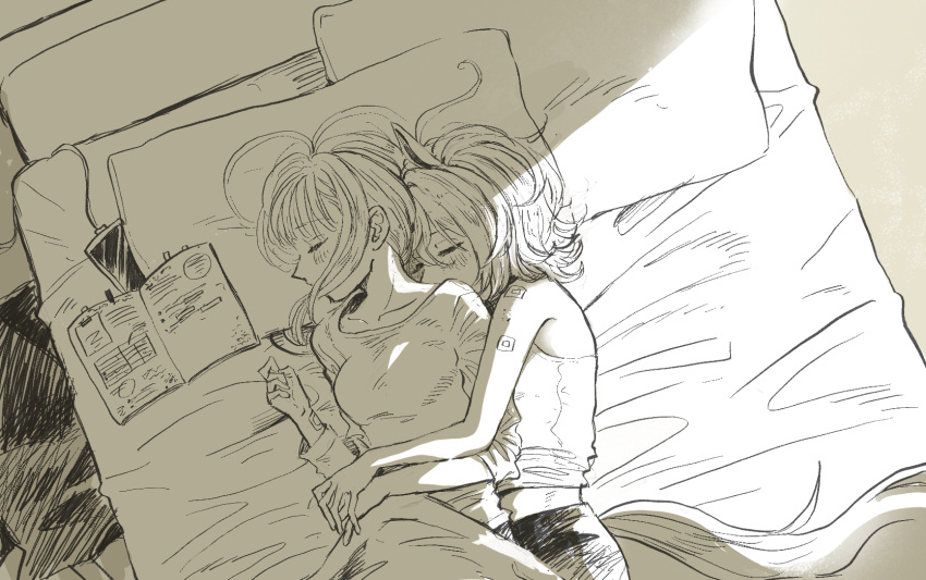 2girls agnes_tachyon_(umamusume) animal_ears bandaid bed blanket blush book breasts cellphone charger closed_eyes commentary_request female_trainer_(umamusume) greyscale highres holding_hands horse_ears horse_girl horse_tail inaho_soji indoors lying monochrome multiple_girls notebook on_bed on_side open_book phone pillow shirt short_hair sleeping small_breasts smartphone spooning tail umamusume upper_body yuri