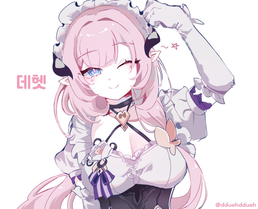 1girl ;) arm_up black_choker blue_eyes breasts choker cleavage collarbone commentary_request dduehddueh elbow_gloves elysia_(honkai_impact) gloves highres honkai_(series) honkai_impact_3rd horns korean_commentary korean_text leaning_to_the_side long_hair looking_at_viewer medium_breasts one_eye_closed pink_hair pointy_ears puffy_short_sleeves puffy_sleeves shirt short_sleeves simple_background smile solo star_(symbol) twitter_username upper_body very_long_hair white_background white_gloves white_shirt