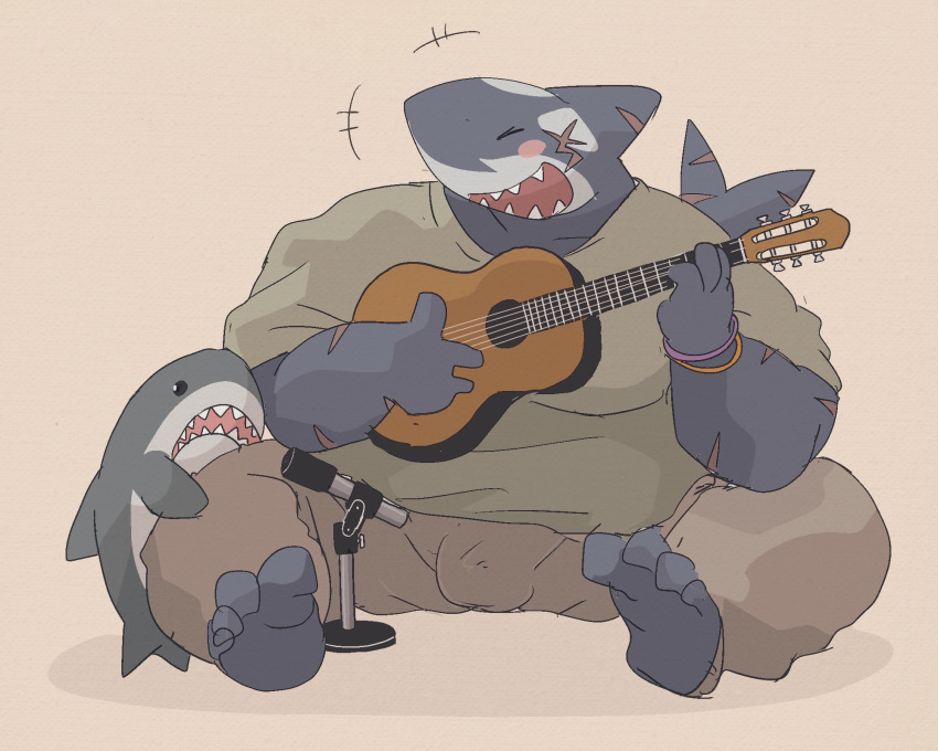 2020 5:4 anthro blush bottomwear bulge clothing dumdum eyes_closed fish guitar hi_res humanoid_hands kemono male marine musical_instrument overweight overweight_anthro overweight_male pants plucked_string_instrument plushie scar shark shirt simple_background sitting solo string_instrument tokyo_afterschool_summoners topwear typhon video_games