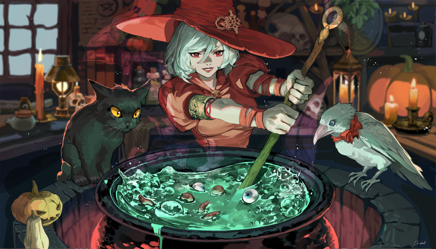 1girl bird black_cat candle cat cauldron crow dress eyeball grey_hair hat highres indoors lantern ori_dal original parted_lips puffy_short_sleeves puffy_sleeves red_dress red_eyes red_headwear short_sleeves skull solo stirring white_bird witch witch_hat