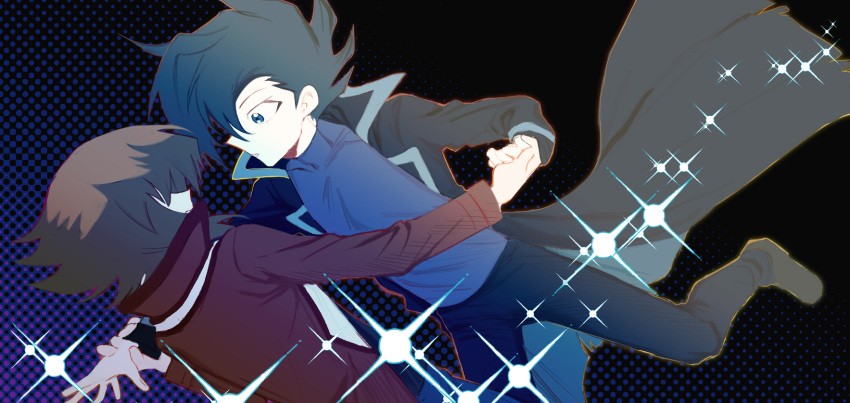 2boys black_coat black_hair black_pants blue_eyes blue_shirt brown_hair closed_mouth coat falling highres holding_hands jacket kd_(jichaman1) long_sleeves male_focus manjoume_jun multiple_boys pants red_jacket shirt short_hair sparkle yaoi yu-gi-oh! yu-gi-oh!_gx yuuki_juudai