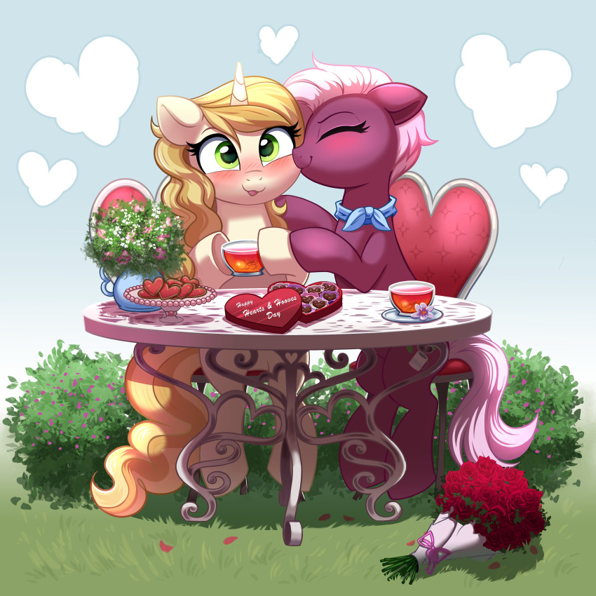 1:1 absurd_res beverage blonde_hair blush box_of_chocolates candy chair chocolate confetticakez dessert duo earth_pony equid equine female female/female food friendship_is_magic fur furniture grass green_eyes hair hasbro heart_symbol hi_res horn horse jasmine_leaf_(mlp) kerchief kerchief_only kissing_cheek mammal mostly_nude my_little_pony mythological_creature mythological_equine mythology neckerchief neckerchief_only outside pink_hair pink_tail plant pony purple_body purple_fur sitting sweet_biscuit_(mlp) table tail tan_body tan_fur tea unicorn yellow_tail
