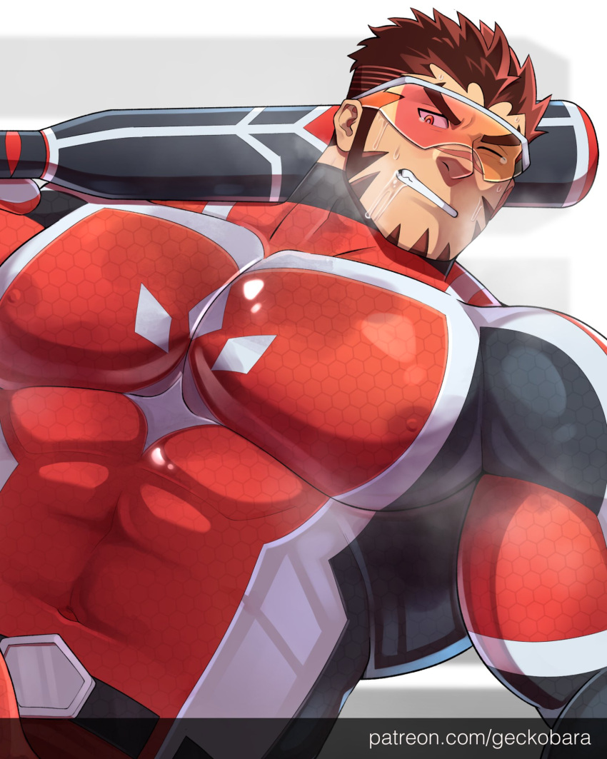 1boy akashi_(live_a_hero) bara baseball_bat covered_abs covered_navel covered_nipples facial_hair geckobara goatee hand_up highres holding holding_baseball_bat huge_pectorals live_a_hero long_sideburns male_focus muscular muscular_male one_eye_closed paid_reward_available red_eyes red_hair saliva scar scar_on_face scar_on_nose short_hair sideburns solo steaming_body superhero_costume tearing_up thick_eyebrows upper_body