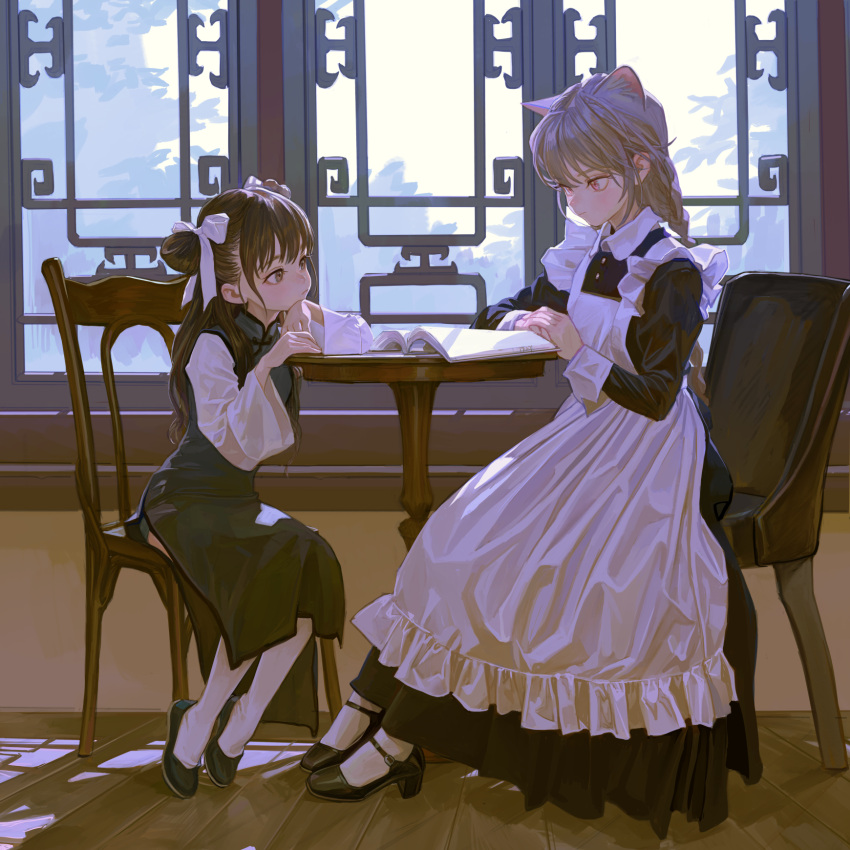 2girls animal_ears apron artist_name black_dress black_footwear book braid brown_eyes brown_hair cat_ears chair china_dress chinese_clothes closed_mouth collared_dress commentary day dress extra_ears eyeball_bracelet_girl_(fkey) feiqizi_(fkey) fkey frilled_apron frills green_dress green_footwear grey_hair hair_ribbon highres indoors juliet_sleeves light_blush long_hair long_sleeves low_twin_braids maid maid_apron mary_janes multiple_girls on_chair open_book original pantyhose puffy_sleeves red_eyes ribbon shoes side_slit sitting symbol-only_commentary table twin_braids white_apron white_pantyhose white_ribbon wide_sleeves window wooden_floor