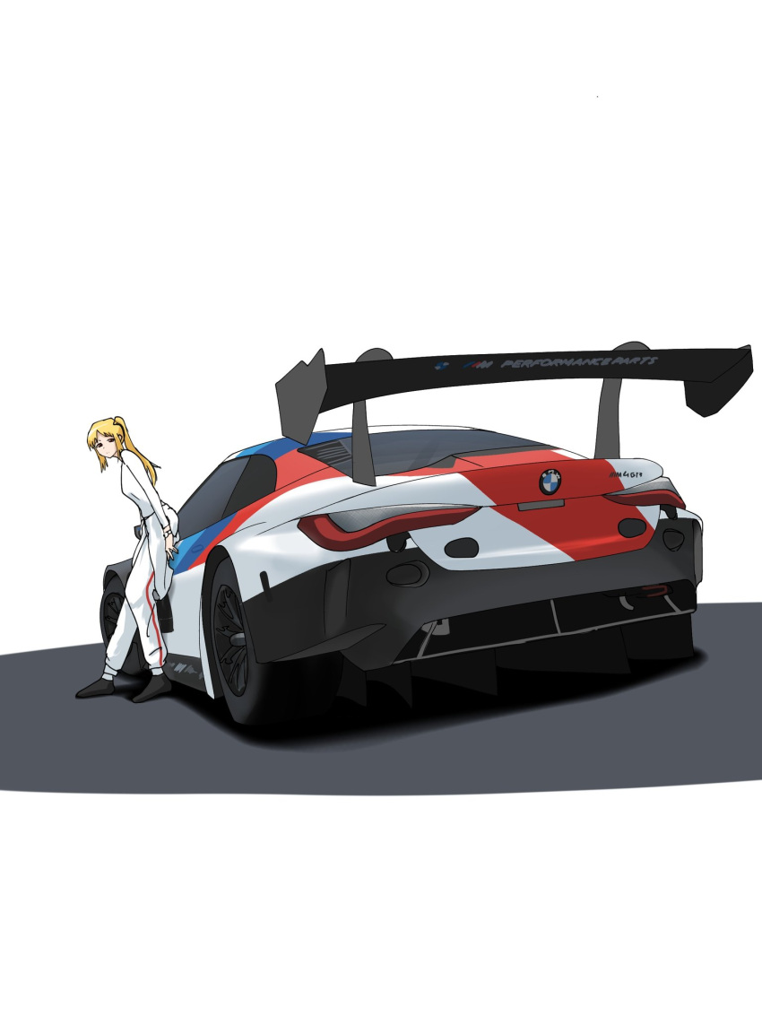 1girl blonde_hair bmw bmw_m6 bocchi_the_rock! breasts brown_eyes car highres ijichi_nijika jumpsuit long_hair medium_breasts motor_vehicle race_vehicle racecar racing_suit shadow side_ponytail solo spoiler_(automobile) sports_car toyeeta_prius vehicle_focus white_background white_jumpsuit