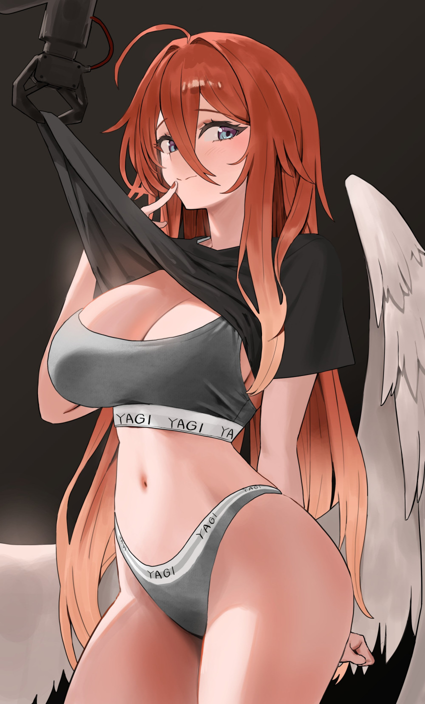 1girl absurdres ahoge angel_wings bby blue_eyes blush closed_mouth clothes_lift commentary commission cowboy_shot feathered_wings gradient_hair grey_panties grey_sports_bra hair_between_eyes highres long_hair looking_at_viewer low_wings multicolored_hair navel no_pants original panties red_hair shirt shirt_lift short_sleeves solo sports_bra stomach underwear white_shirt white_wings wings