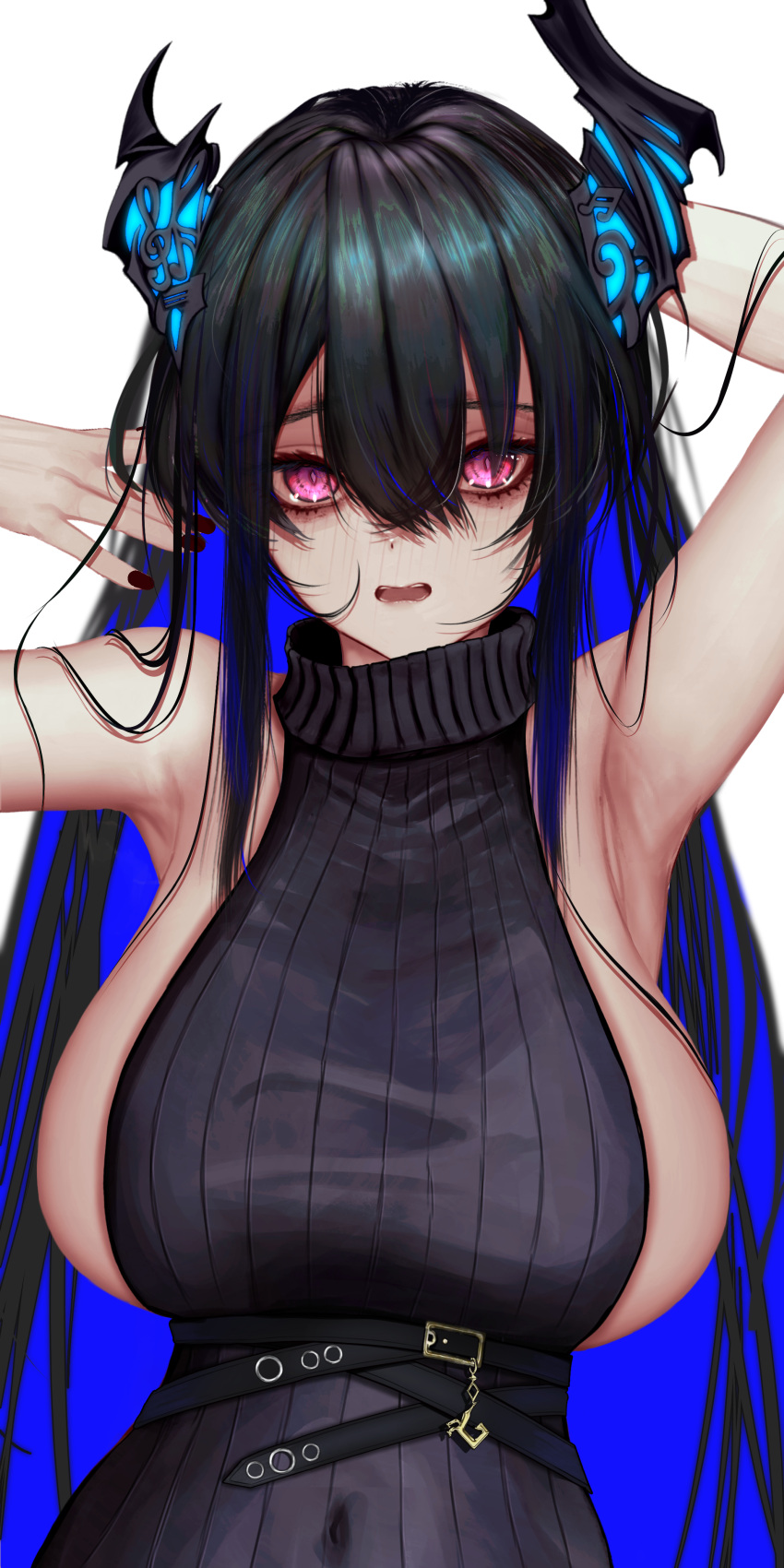 1girl absurdres armpits arms_up asymmetrical_horns black_hair black_nails black_sweater blue_hair blush breasts colored_inner_hair demon_horns highres hololive hololive_english horns large_breasts long_hair looking_at_viewer mole mole_under_eye multicolored_hair nail_polish nerissa_ravencroft open_mouth red_eyes soju_ice sweater turtleneck turtleneck_sweater very_long_hair virtual_youtuber