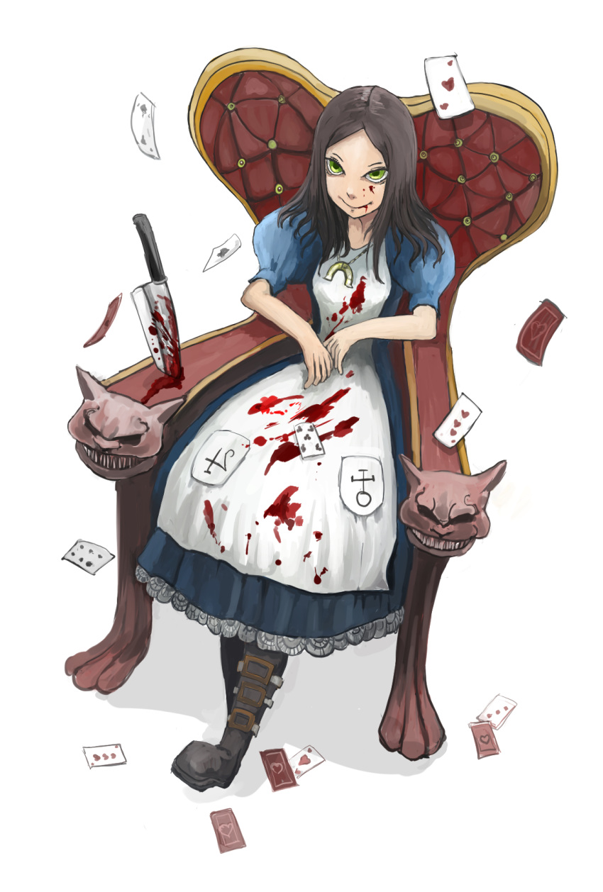1girl alice:_madness_returns alice_(wonderland) alice_in_wonderland american_mcgee's_alice apron black_hair blood boots breasts chair closed_mouth dress green_eyes highres jupiter_symbol knife long_hair looking_at_viewer moji0021 simple_background smile solo white_background