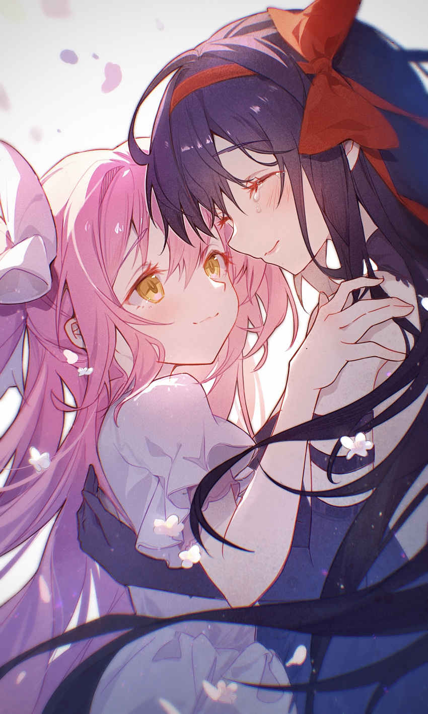 2girls absurdres akemi_homura black_dress black_hair blush cloudyman crying dress eyelashes facing_another flower from_side hair_between_eyes hair_ribbon hairband happy highres hug kaname_madoka long_hair looking_at_another magical_girl mahou_shoujo_madoka_magica mahou_shoujo_madoka_magica:_hangyaku_no_monogatari multiple_girls pink_hair red_hairband red_ribbon ribbon smile tears two_side_up ultimate_madoka upper_body white_background white_dress white_flower yellow_eyes yuri