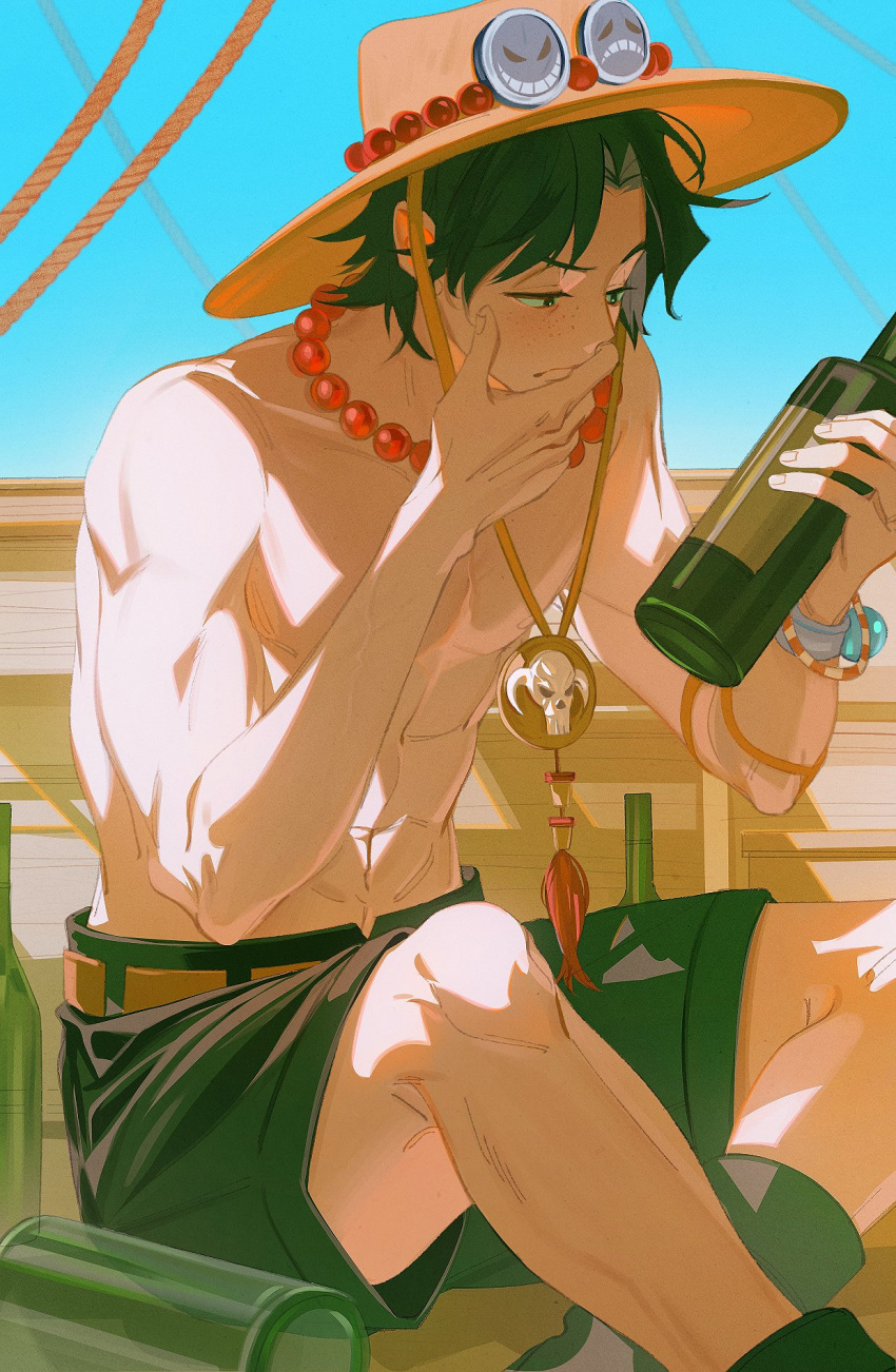 1boy bead_necklace beads black_hair freckles goggles goggles_on_headwear hat highres jewelry log_pose male_focus necklace one_piece orange_headwear portgas_d._ace solo topless_male z2201199