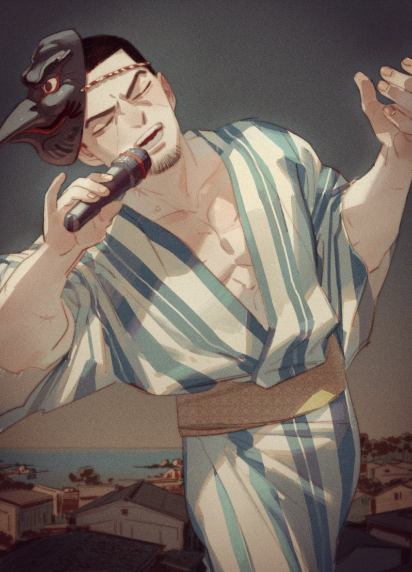 1boy black_hair blue_kimono chengongzi123 closed_eyes cowboy_shot facial_hair facing_viewer goatee_stubble golden_kamuy hands_up highres holding holding_microphone japanese_clothes kimono long_sleeves male_focus mask mask_on_head microphone music obi open_mouth sash scar scar_on_neck short_hair singing standing striped_clothes striped_kimono stubble tengu_mask toned toned_male tsukishima_hajime very_short_hair white_kimono wide_sleeves