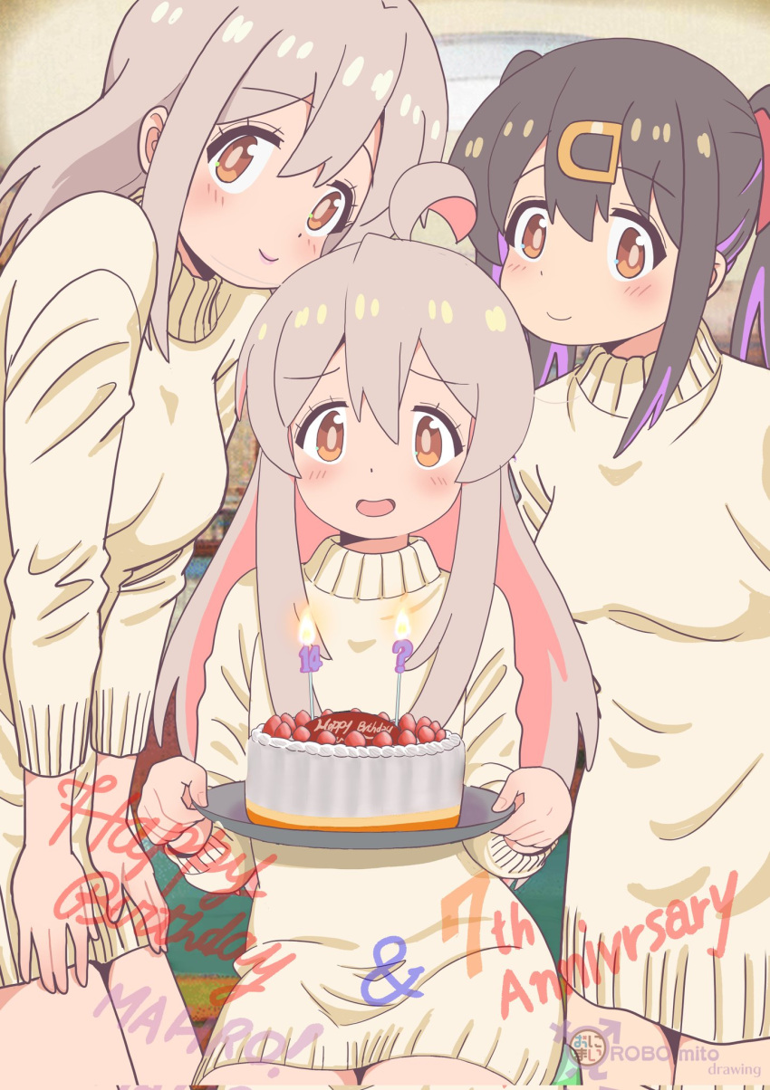 3girls :d ahoge artist_name birthday_cake black_hair brown_eyes cake colored_inner_hair commentary copyright_name corrupted_twitter_file dress food grey_hair hair_between_eyes hair_ornament hairclip happy_birthday highres indoors leaning_forward light_blush long_hair long_sleeves looking_at_viewer male-female_symbol matching_outfits mother_and_daughter multicolored_hair multiple_girls onii-chan_wa_oshimai! open_mouth oyama_mahiro oyama_matsuri oyama_mihari pink_hair purple_hair robomito siblings sidelocks sisters smile sweater sweater_dress twintails two-tone_hair typo yellow_sweater