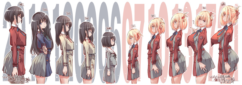 2girls absurdres age_progression aged_down aged_up aiming aiming_at_viewer alternate_breast_size alternate_hair_length alternate_hairstyle black_hair blonde_hair breasts commentary_request gun hair_ribbon highres holding holding_gun holding_weapon huge_breasts inoue_takina long_hair looking_at_viewer lycoris_recoil lycoris_uniform medium_hair multiple_girls nishikigi_chisato open_mouth orange_eyes purple_eyes ribbon short_hair simple_background skirt smile weapon white_background yazawa_mana