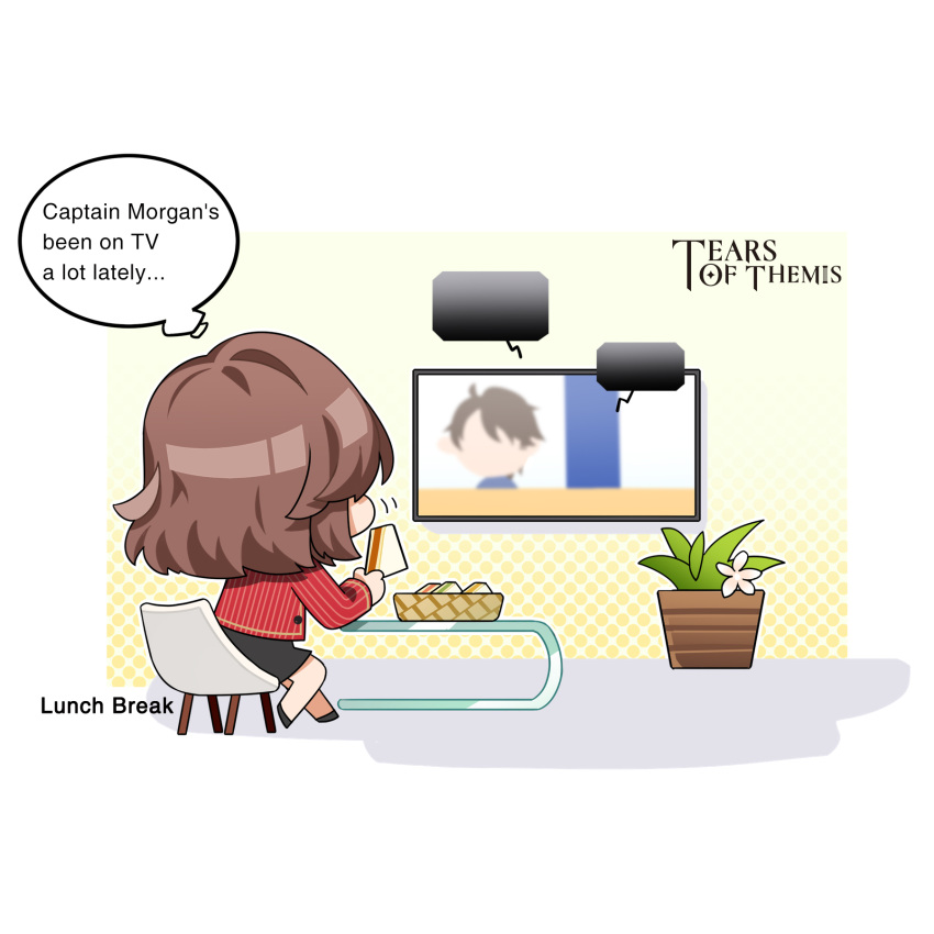 1girl black_skirt chair chibi copyright_name english_commentary english_text food full_body highres holding holding_food holding_sandwich jacket medium_hair official_art plant red_jacket rosa_(tears_of_themis) sitting skirt solo table tears_of_themis television watching_television