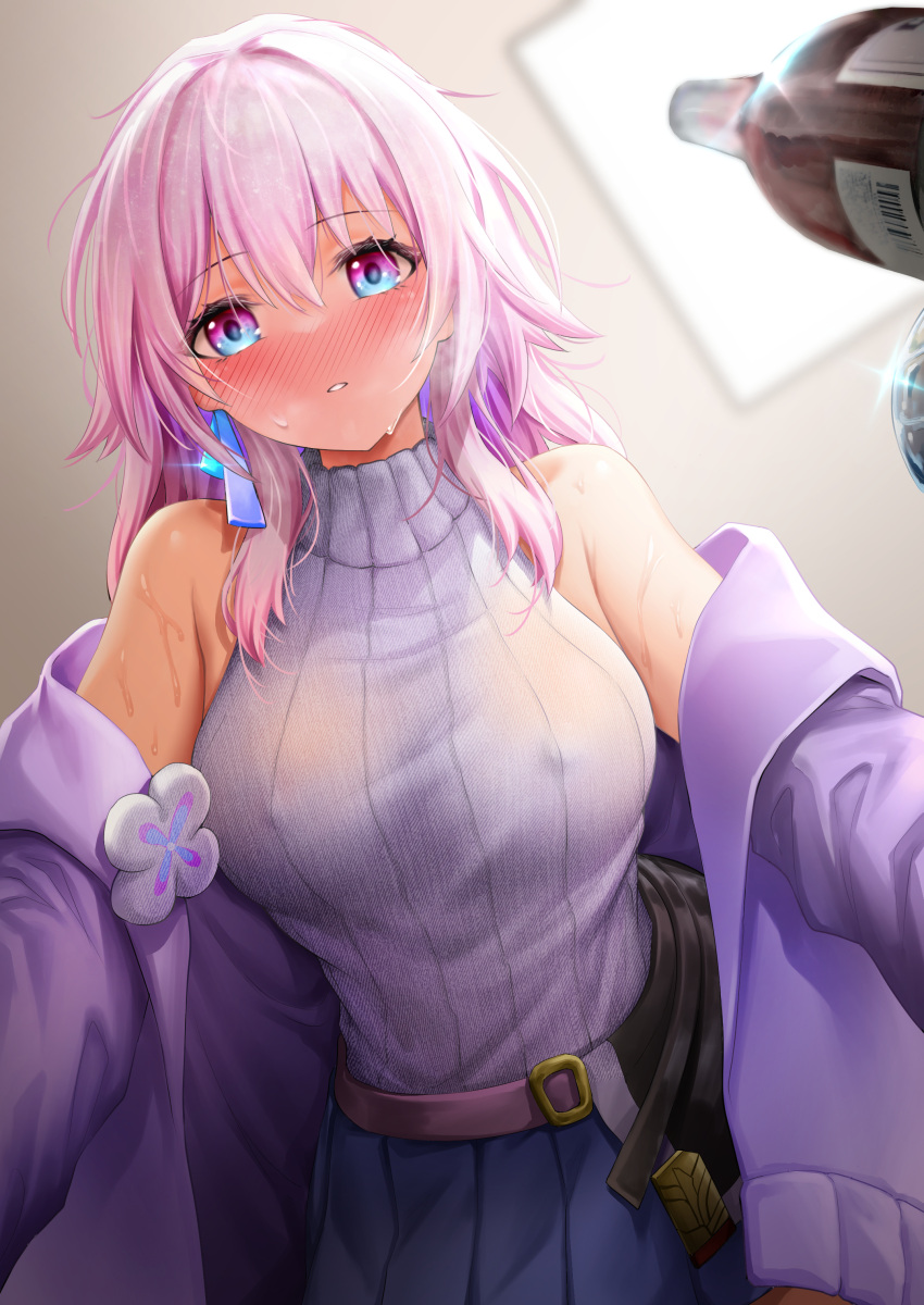 1girl absurdres armpit_crease bare_shoulders belt blue_eyes blue_skirt blush bottle breasts buckle covered_nipples cowboy_shot drunk dutch_angle earrings english_commentary hair_between_eyes highres honkai:_star_rail honkai_(series) jacket jewelry large_breasts long_hair long_sleeves looking_at_viewer march_7th_(honkai:_star_rail) nose_blush off_shoulder open_clothes open_jacket outstretched_arms parted_lips pink_eyes pink_hair pleated_skirt purple_belt purple_jacket reaching reaching_towards_viewer ribbed_sweater royboy sidelocks skirt sleeveless sleeveless_sweater solo sweater teeth turtleneck turtleneck_sweater two-tone_eyes white_sweater wine_bottle