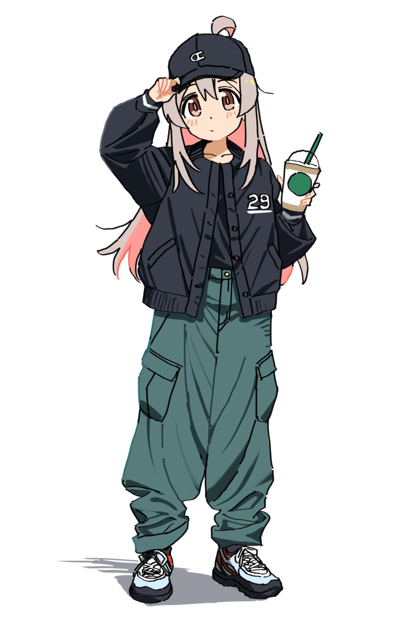 1girl baseball_cap black_cardigan black_headwear black_shirt brown_eyes cardigan closed_mouth cup disposable_cup full_body grey_hair hand_on_headwear hat highres holding holding_cup long_hair long_sleeves looking_at_viewer onii-chan_wa_oshimai! oyama_mahiro pants pink_hair sadamoto_hokuto shirt shoes simple_background sneakers solo standing white_background