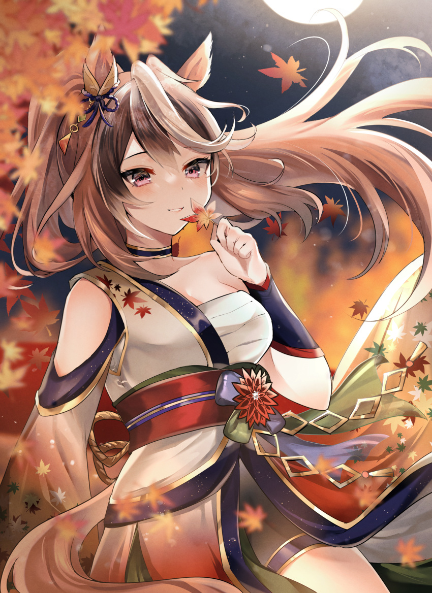 1girl absurdres animal_ears autumn_leaves blue_choker blurry blurry_foreground brown_hair chest_sarashi choker commentary_request depth_of_field highres horse_ears horse_girl japanese_clothes kimono long_hair long_sleeves looking_at_viewer multicolored_hair narusawa_(njzc2582) official_alternate_costume open_mouth outdoors purple_eyes sarashi smile solo standing streaked_hair symboli_rudolf_(archer_of_the_white_moon)_(umamusume) symboli_rudolf_(umamusume) tree umamusume white_hair white_kimono wide_sleeves