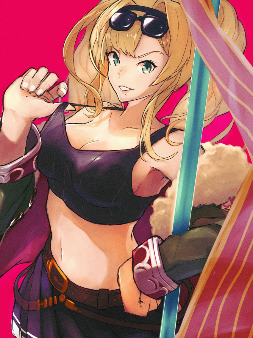 1girl black_skirt blonde_hair bomber_jacket breasts cleavage dress eyewear_on_head granblue_fantasy highres holding holding_polearm holding_weapon jacket large_breasts long_hair official_alternate_costume pink_background polearm simple_background skirt smile solo sunglasses twintails weapon yuenibushi zeta_(granblue_fantasy)