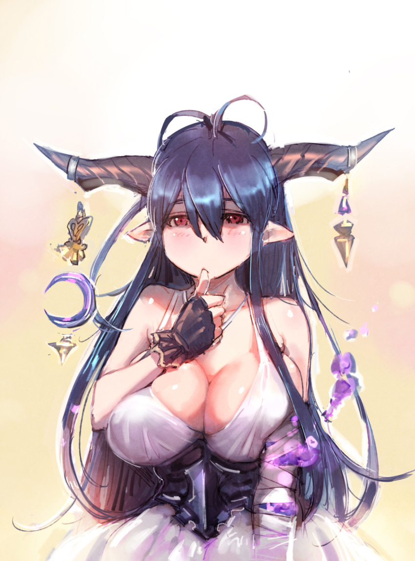 1girl bandaged_arm bandages black_hair blush bow_(bhp) breasts cleavage danua draph dress granblue_fantasy highres horn_ornament horns large_breasts long_hair photoshop_(medium) pointy_ears revision solo white_dress
