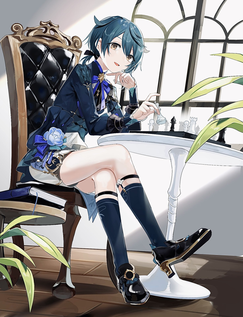 1boy black_bow black_footwear blue_coat blue_hair blue_socks board_game bow chess chess_piece coat crossed_legs flower full_body genshin_impact hair_bow highres holding_chess_piece low_ponytail male_focus official_alternate_costume official_alternate_hairstyle open_mouth shoes short_hair short_ponytail shorts sitting smile socks solo table white_flower white_shorts xingqiu_(bamboo_rain)_(genshin_impact) xingqiu_(genshin_impact) yellow_eyes yoko_(nz_g)