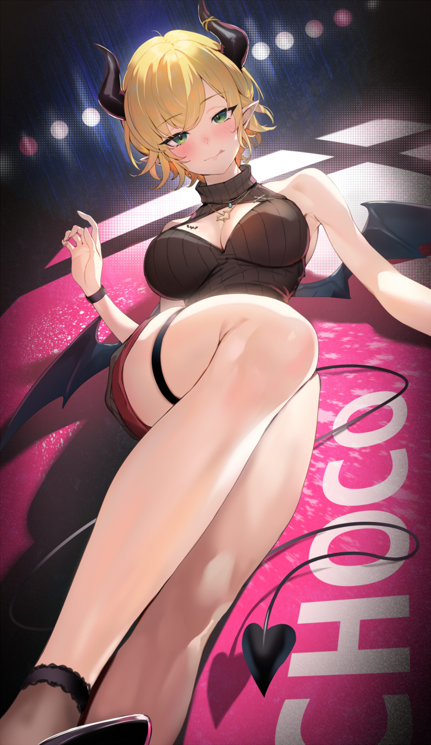 1girl bare_shoulders black_horns black_wings blonde_hair breast_tattoo breasts cleavage cleavage_cutout clothing_cutout commentary_request demon_horns demon_tail demon_wings green_eyes highres hololive horns kakage large_breasts looking_at_viewer low_wings lying official_alternate_costume official_alternate_hairstyle on_back ribbed_sweater short_hair sleeveless sleeveless_sweater solo sweater tail tattoo thigh_strap thighs virtual_youtuber wings yuzuki_choco yuzuki_choco_(streetwear)