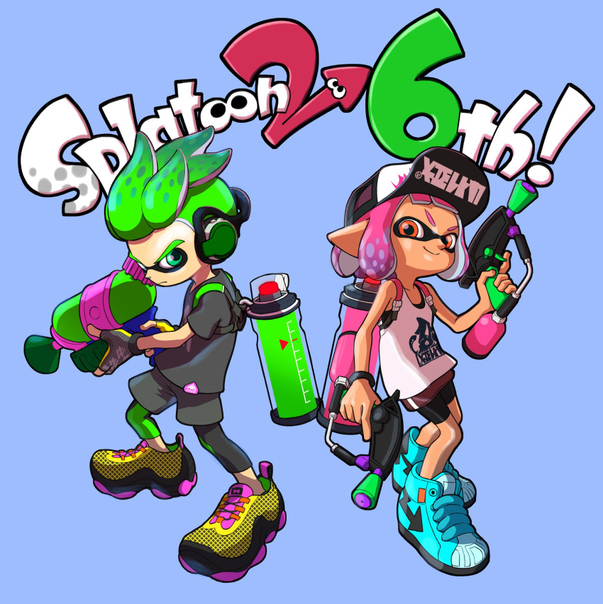 1boy 1girl anniversary baseball_cap bike_shorts black_leggings black_shorts blue_background blue_footwear closed_mouth commentary_request cross-laced_footwear dual_wielding full_body green_eyes green_hair grey_shirt gun hat headphones highres holding holding_gun holding_weapon ink_tank_(splatoon) inkling inkling_boy inkling_girl inkling_player_character leggings leggings_under_shorts orange_eyes pink_hair pointy_ears print_shirt shirt shoes short_hair shorts simple_background smile splat_dualies_(splatoon) splatoon_(series) splatoon_2 splattershot_(splatoon) standing tentacle_hair v-shaped_eyebrows weapon white_shirt xdies_ds yellow_footwear