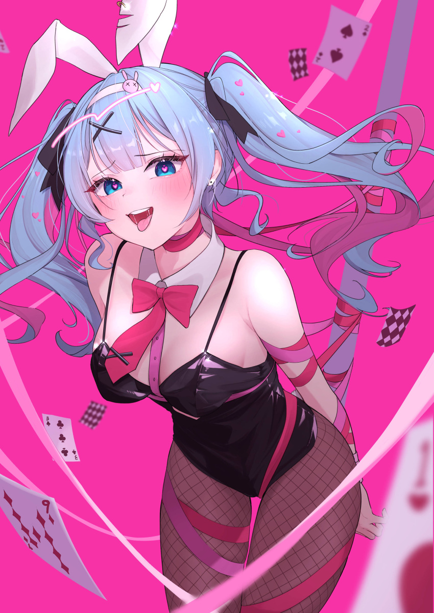 1girl absurdres animal_ears black_leotard blue_eyes blue_hair bound breasts card fake_animal_ears fishnet_pantyhose fishnets hair_ornament hatsune_miku heart heart-shaped_pupils highres leaning_forward leotard long_hair medium_breasts open_mouth pantyhose pink_pupils pink_ribbon playboy_bunny playing_card rabbit_ears rabbit_hole_(vocaloid) ribbon ribbon_bondage saliva sayosayo-0 smile solo symbol-shaped_pupils teardrop_facial_mark thigh_strap tongue tongue_out twintails vocaloid x_hair_ornament