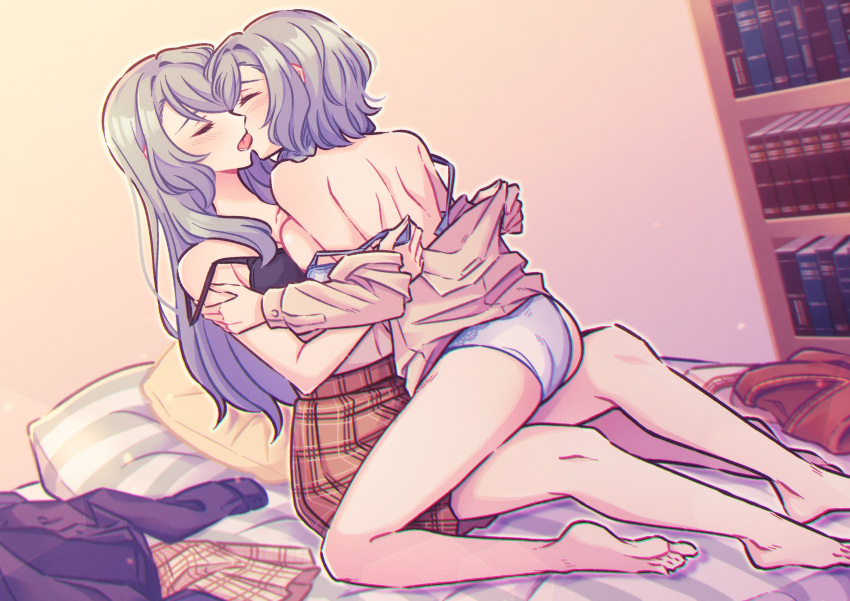 2girls absurdres akamirai aqua_hair bang_dream! bare_legs blush bookshelf bra breast_press brown_skirt closed_eyes commission french_kiss girl_on_top hanasakigawa_school_uniform haneoka_school_uniform highres hikawa_hina hikawa_sayo incest kiss long_hair medium_hair multiple_girls on_bed open_bra open_clothes panties removing_bra school_uniform second-party_source siblings skirt twincest twins underwear undressing unworn_shirt unworn_skirt yuri