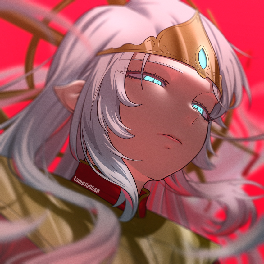 1girl absurdres androgynous artist_name blue_eyes blurry commentary dark-skinned_female dark_skin film_grain frown furui_o_(lamp159568) half-closed_eyes highres long_hair original pointy_ears portrait red_background solo tiara white_hair