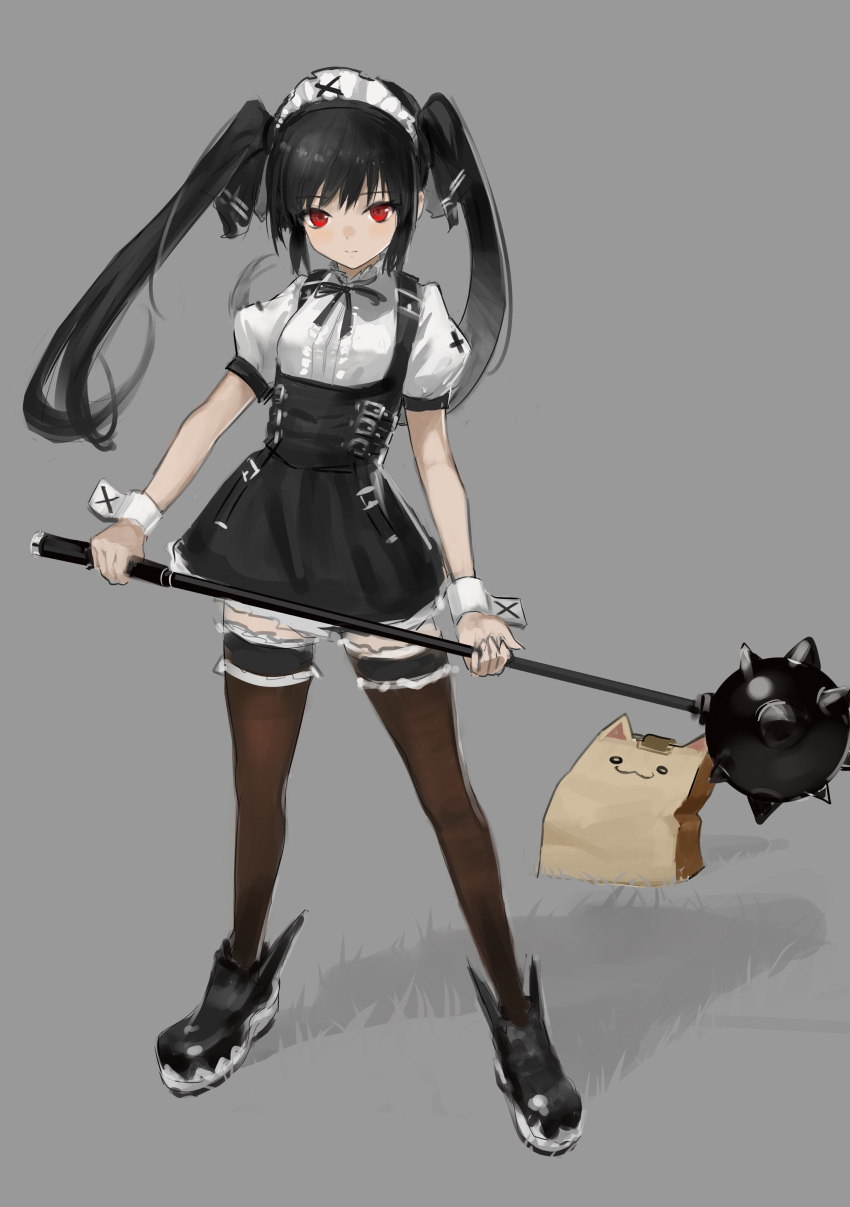 1girl :3 absurdres animal_ears bag bangs black_dress black_footwear black_hair black_legwear black_neckwear black_ribbon breasts cat_ears closed_mouth dress expressionless full_body grass grey_background hara_shoutarou highres holding holding_weapon kooh legband long_hair looking_at_viewer maid_headdress neck_ribbon pangya paper_bag polearm puffy_short_sleeves puffy_sleeves red_eyes ribbon shadow short_sleeves simple_background small_breasts solo spiked_mace standing thighhighs twintails weapon wrist_cuffs
