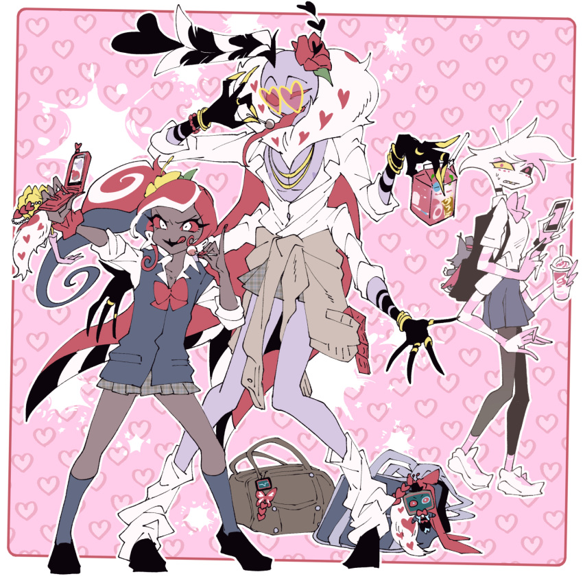 1:1 angel_dust anthro arachnid arthropod clothed clothing crossgender demon demon_humanoid electronics eyewear female glasses group hazbin_hotel heart_glasses heart_symbol hi_res humanoid insect keychain lepidopteran male maruboku_b moth multi_limb phone school_bag school_uniform spider trio uniform valentino_(hazbin_hotel) velvette_(hazbin_hotel) vox_(hazbin_hotel)