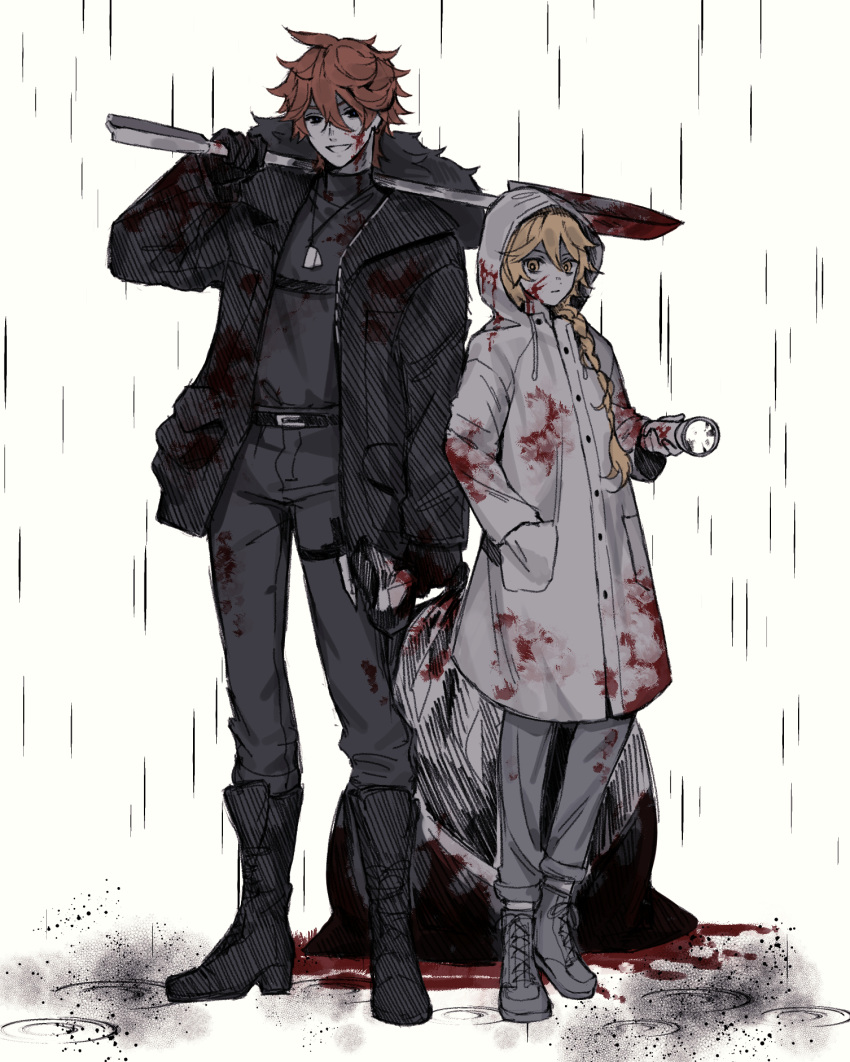 2boys aether_(genshin_impact) ahoge bag belt belt_buckle black_belt black_footwear black_gloves black_jacket black_liquid black_pants black_rain black_shirt blonde_hair blood blood_on_cheek blood_on_clothes blood_on_face blood_on_tool blood_on_weapon blood_stain body_bag braid buckle buttons dog_tags earrings flashlight fur-trimmed_hood fur-trimmed_jacket fur_trim genshin_impact gloves grey_pants grey_shirt grin hair_between_eyes hand_in_pocket height_difference highres holding holding_bag holding_flashlight holding_shovel hood hood_down hood_up implied_murder jacket jewelry long_hair long_sleeves male_focus multiple_boys open_clothes open_jacket orange_hair over_shoulder pants rain redbeanegg shirt short_hair shovel side_braid single_braid single_earring smile string tartaglia_(genshin_impact) tool_over_shoulder unzipped weapon weapon_over_shoulder white_raincoat