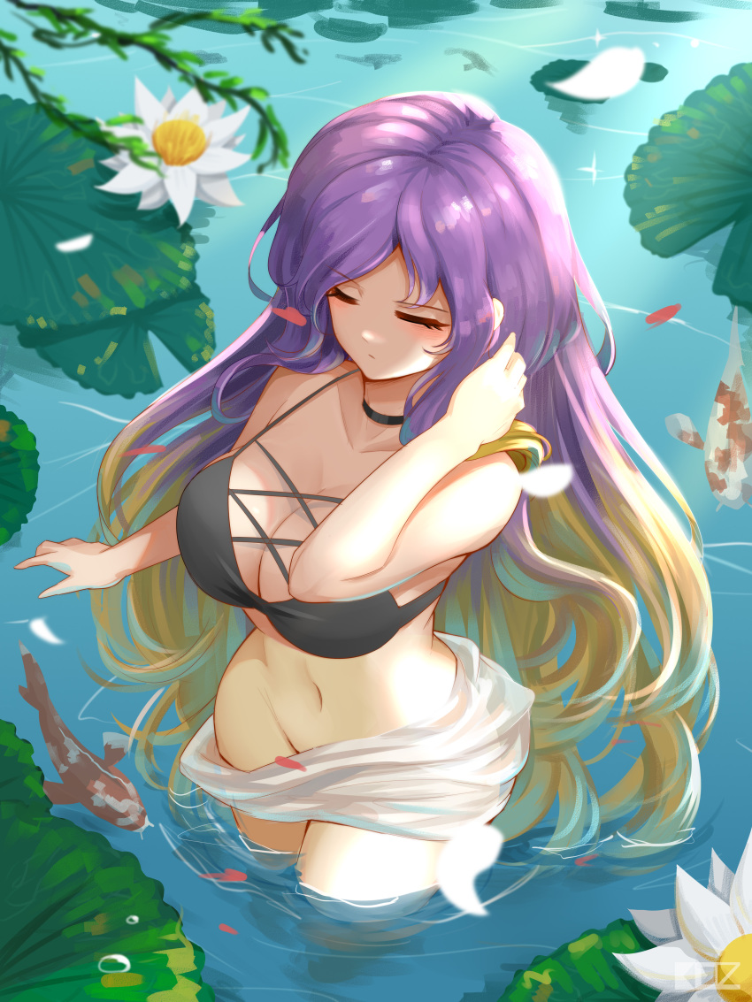 1girl absurdres bikini black_bikini black_choker breasts brown_hair choker cleavage closed_eyes collarbone commentary_request edz_drawz falling_petals fish flower from_above gradient_hair groin highres hijiri_byakuren large_breasts long_hair lotus lotus_leaf multicolored_hair navel outdoors petals purple_hair refraction see-through solo stomach swimsuit touhou very_long_hair wading