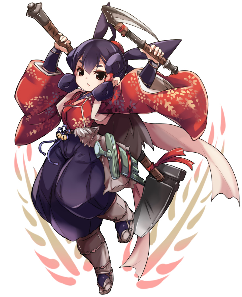 1girl brown_eyes commentary_request full_body highres holding holding_weapon japanese_clothes karukan_(monjya) looking_at_viewer purple_hair sakuna-hime short_hair silver_hair solo tensui_no_sakuna-hime weapon white_background wide_sleeves